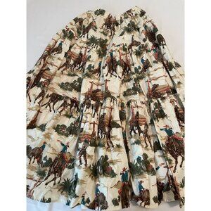 Cowgirl Print Full Skirt Vintage Blue Long Twirl Cotton Flannel Horse One Size
